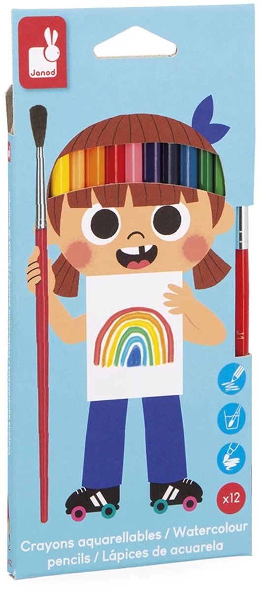 Janod Colo - Aquarelpotloden - Set Van 12 Verschillende Kleuren - Bevat 12 Kleurpotloden En 1 Penseel - Ideaal Om Verschillende Manieren Van Kleuren Te Ontdekken - Bevochtig Het Penseel Om De Kleur Te Verdelen - Geschikt Vanaf 3 Jaar