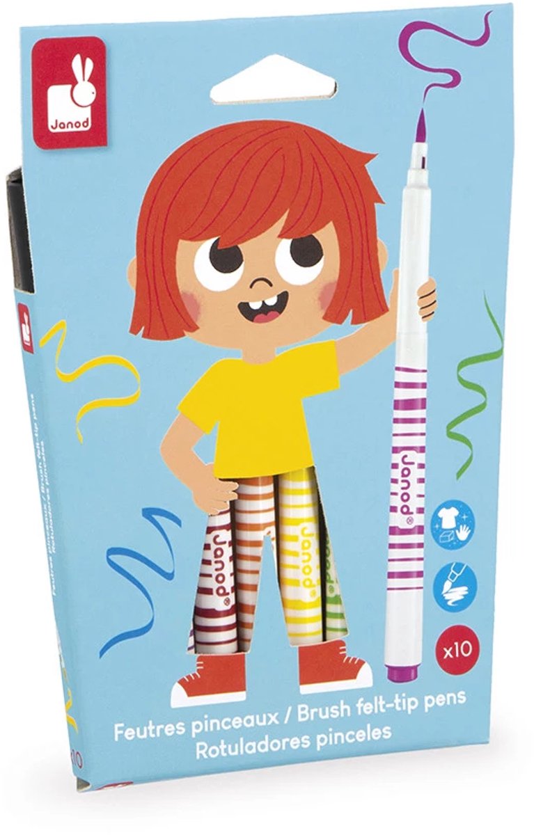 Janod Colo - Penseelstiften - Set Met 10 Verschillende Kleuren - Zachte Punten, Voor Een Gemakkelijk Penseeleffect - Uitwasbare Inkt - Voor De Jongste Kunstenaars! - Geschikt Vanaf 3 Jaar