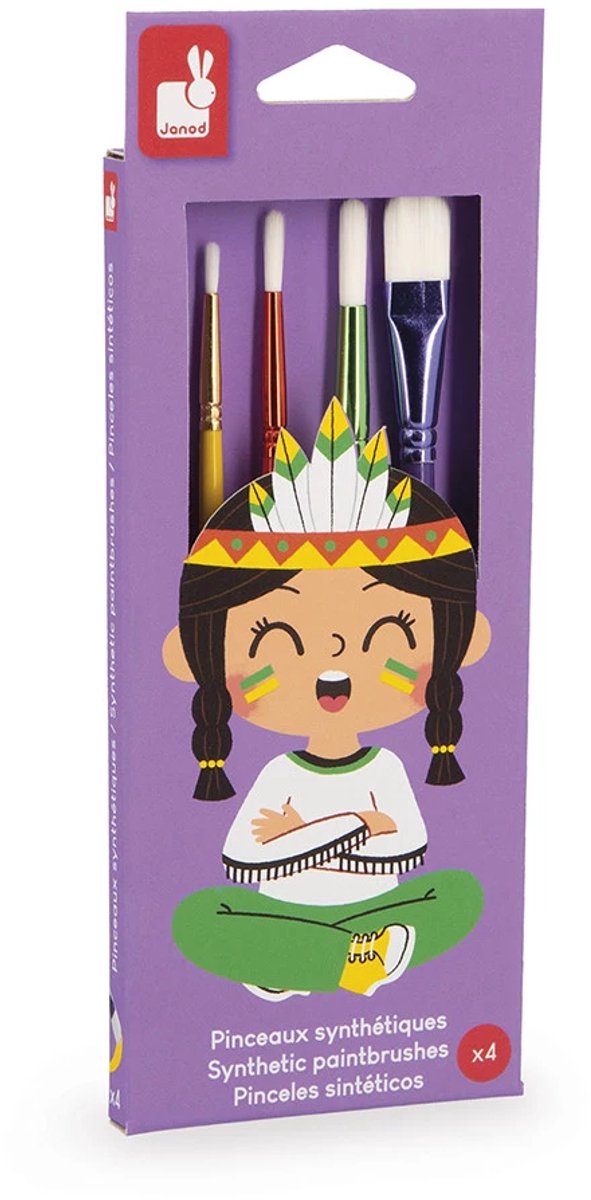 Janod Colo - Set Van 4 Synthetische Penselen - Ideaal Om Verschillende Manieren Van Schilderen Te Ontdekken - Bevat 3 Ronde Penselen En 1 Platte Borstel - Geschikt Vanaf 3 Jaar