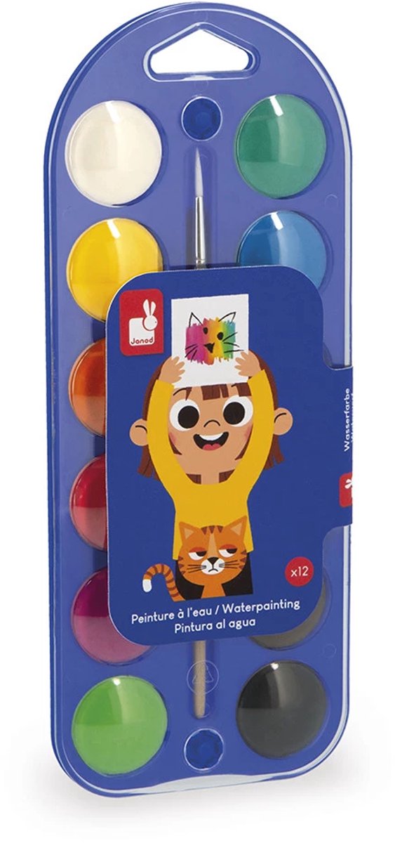 Janod Colo - Waterverf - Verfpalet Met 12 Kleuren Op Waterbasis - Bestaat Uit 12 Verftabletten En Een Penseel - Praktisch Palet Voor Kleintjes - Onmisbaar Om Te Oefenen Met Schilderen - Geschikt Vanaf 3 Jaar