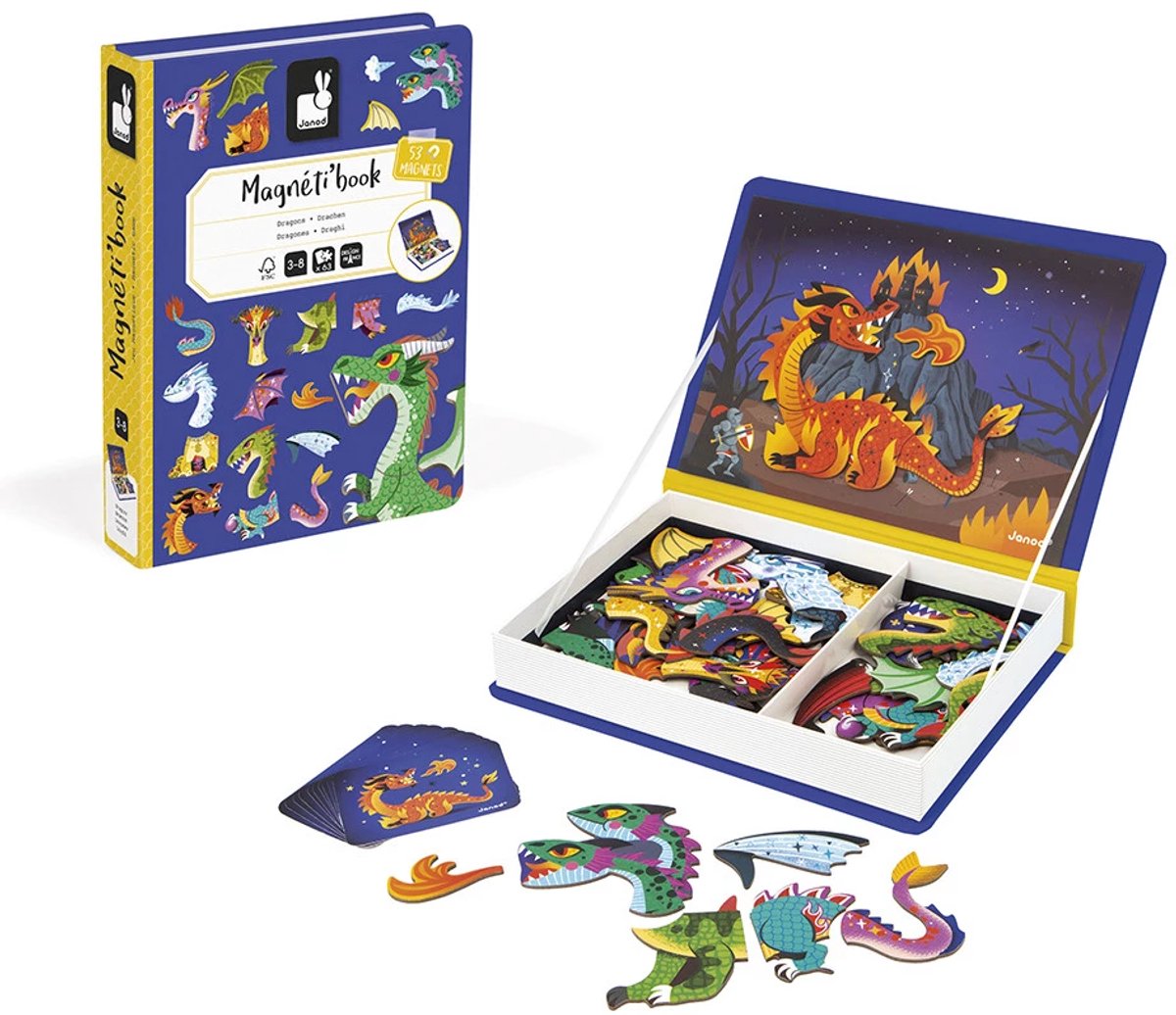 Janod Magnetibook - Draken - Magneetboek Speelset Inclusief 53 Magneten En 10 Voorbeeldkaarten - Geschikt vanaf 3 Jaar