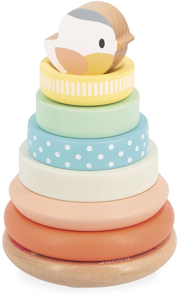 Janod Pure - Stapeltoren Vogel - 7 Houten Stapelstukken Om De Motoriek Te Ontwikkelen - Geschikt Vanaf 1 Jaar