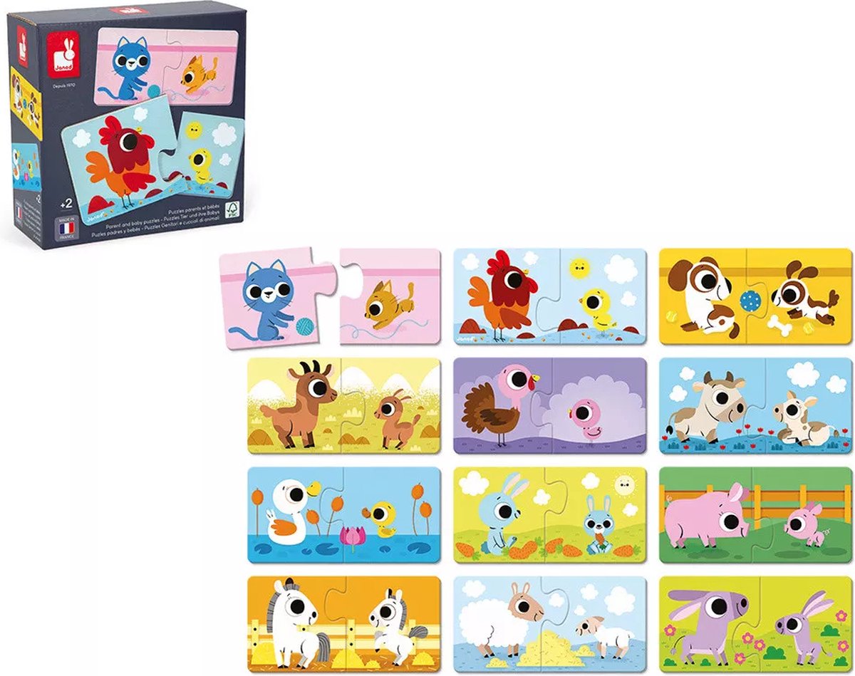 Janod Puzzelspel - Ouders En Babydieren - Associatiespel Voor Kinderen, Met Als Thema Boerderijdieren En Hun Jongen - Set Van 12 Educatieve Puzzels - Ideaal Voor Het Ontwikkelen Van De Fijne Motoriek En Concentratie - Geschikt Vanaf 2 Jaar