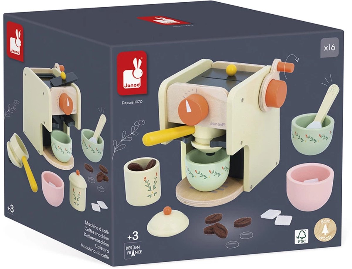 Janod Shiny Grandma - Koffiemachine Met 5 Accessoires - Houten Speelset Om Een Echte Barista Te Worden! - Geschikt Vanaf 3 Jaar