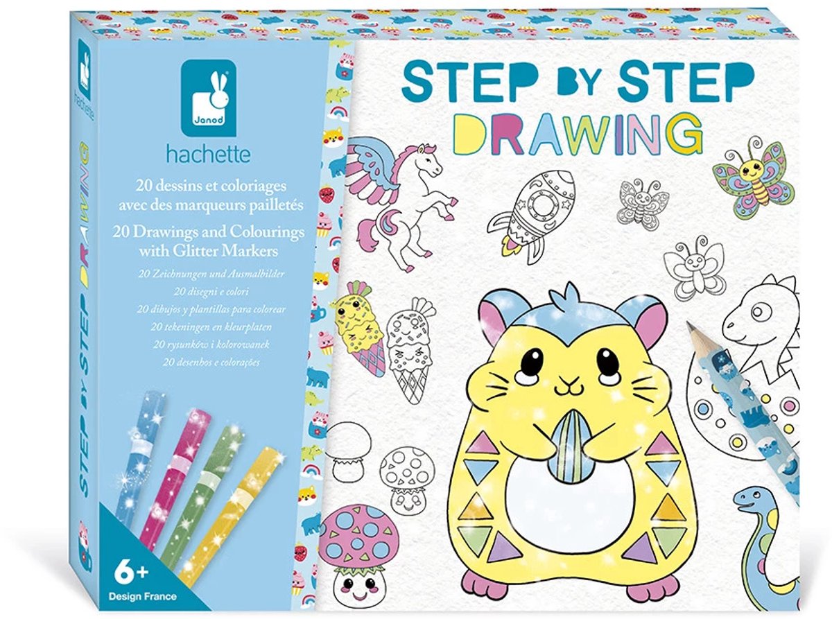 Janod Step By Step Drawing - Complete Knutselset Om Glitterillustraties Te Leren Tekenen - 20 Modellen En 25 Vellen Om Te Oefenen En Een Pro Te Worden - Geschikt Vanaf 6 Jaar