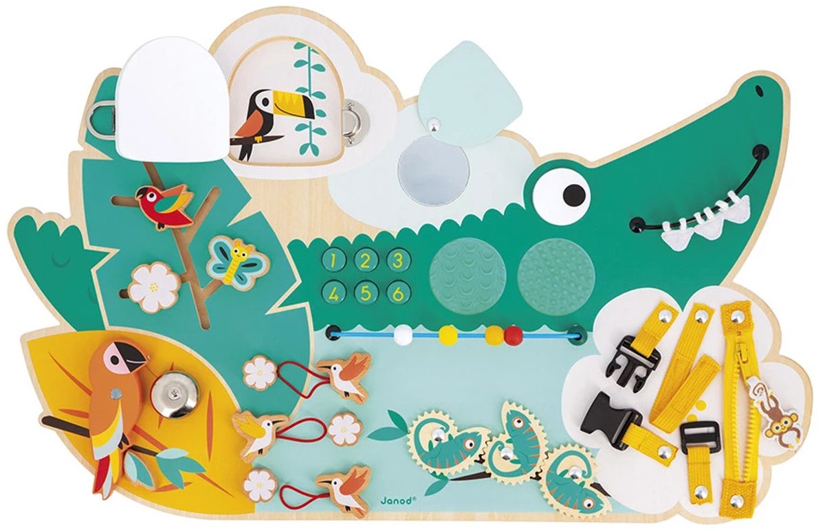 Janod Tropik - Krokodillen Busy-Board - Met Meer Dan 14 Leuke Educatieve Spelletjes - Krokodillen Busy-Board Om Neer Te Zetten Of Aan De Muur Te Bevestigen - Geschikt Voor Kinderen Vanaf 18 Maanden