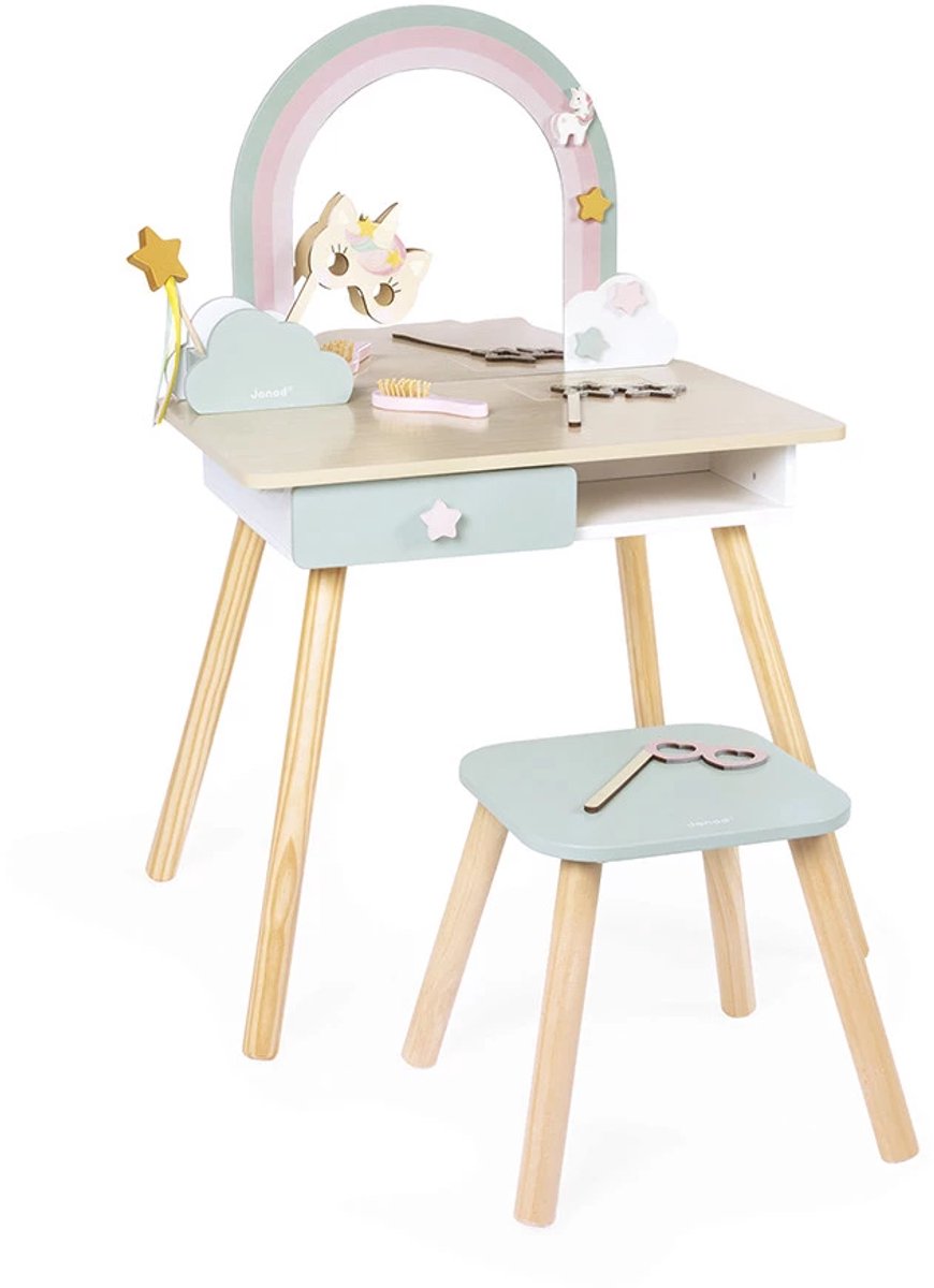 Janod Unicorn - Houten Kaptafel Met Accessoires - Met Geheim Luik Om Je Schatten Te Verbergen - Inclusief 10 Accessoires, Voor Een Fantastische Look - Geschikt Vanaf 3 Jaar
