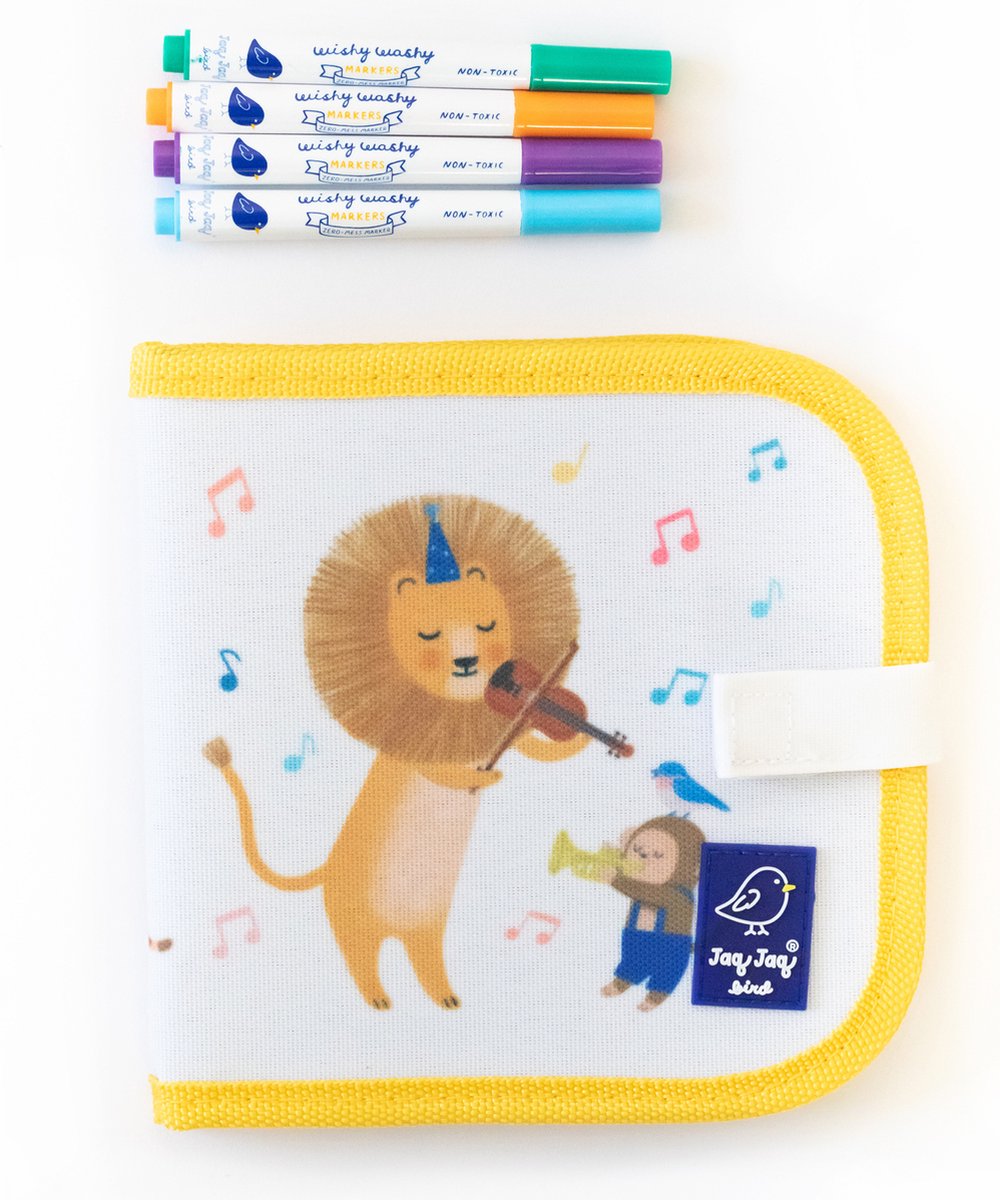  : MINI DOODLE IT & GO LEEUW & 4 Wishy Washy Markers 28x21x2,5cm,  boekje (15x15cm) met 8 paginas, uitwisbaar, in blister