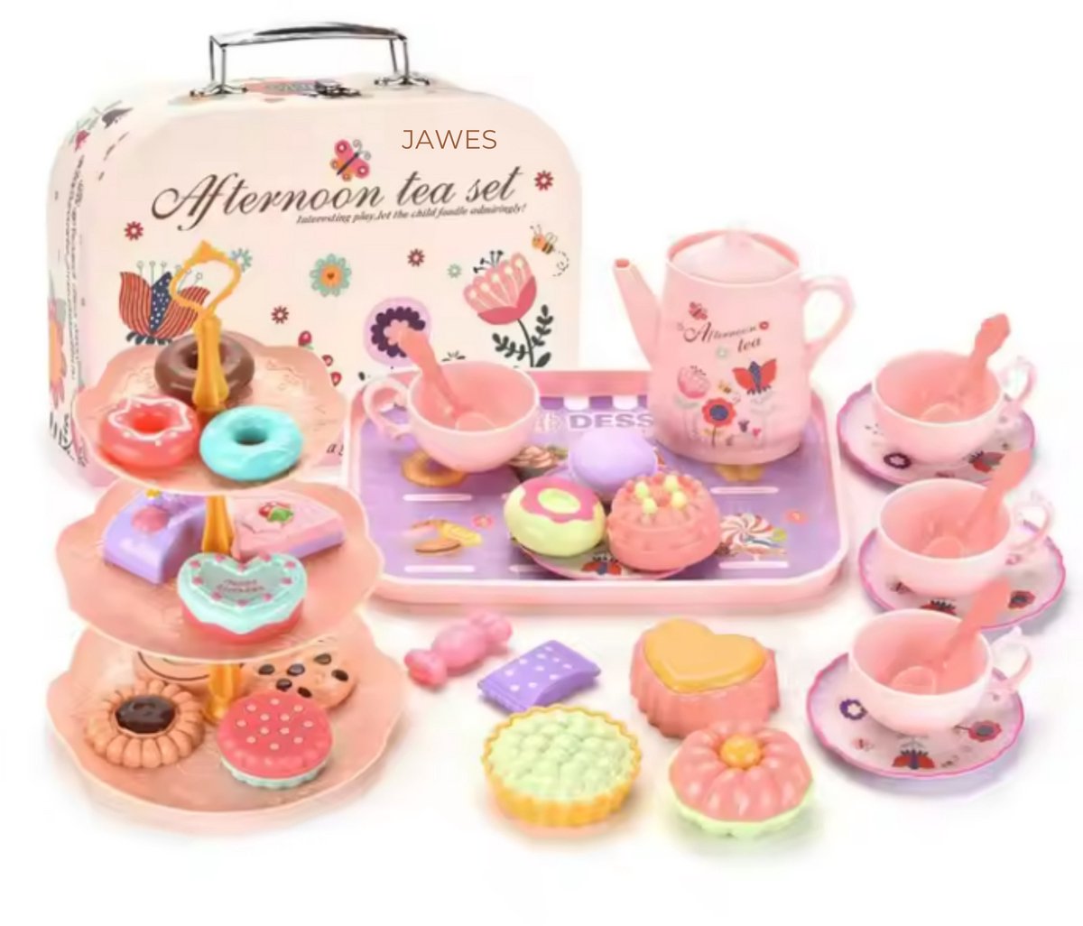 Jawes- Speelgoed Thee set- 42 Stuks- Kinderen- Doen Alsof Spelen- Thee servies- Afternoontea Set- Thee- Gebakjes- Rollenspel- Eten- Met koffertje- Kinderen- Cadeautip