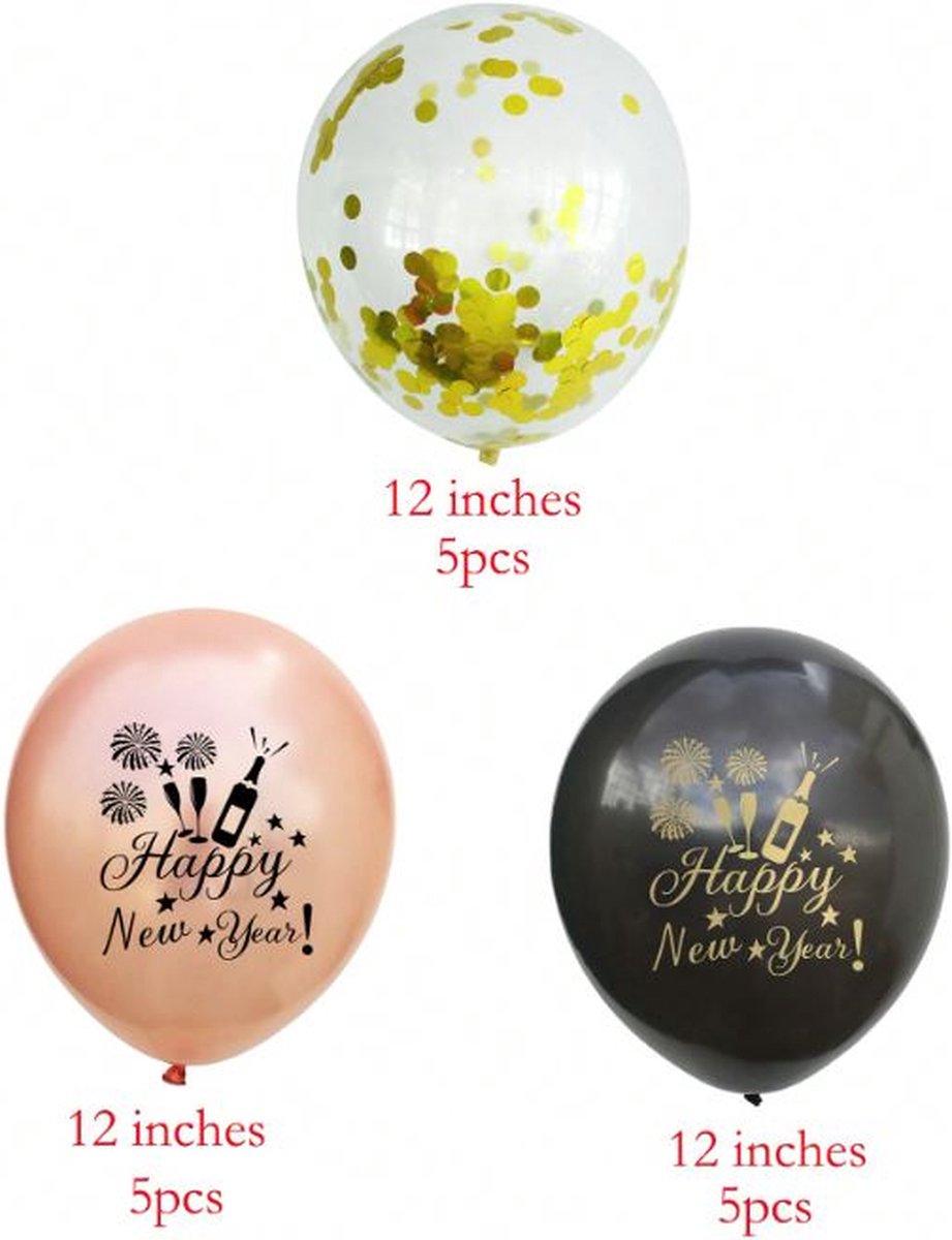 Ballonnen / 15 stuks / Happy New Year / Fijn Nieuwjaar / Feest / gelegenheid / Party / Latex Ballon / Zwart / Rose / Goud