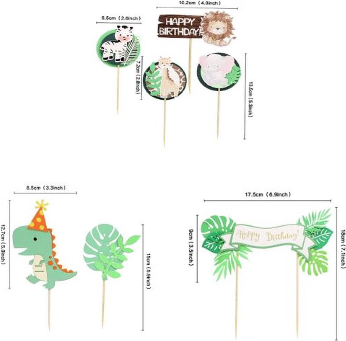 Dieren Cake Toppers – dieren Versiering – Taart Decoratie – Taarttopper Verjaardag – Taart Topper Feestje – Traktatie – meerkleurig  – groen – Cake Topper – Verjaardagstaart  – jungle