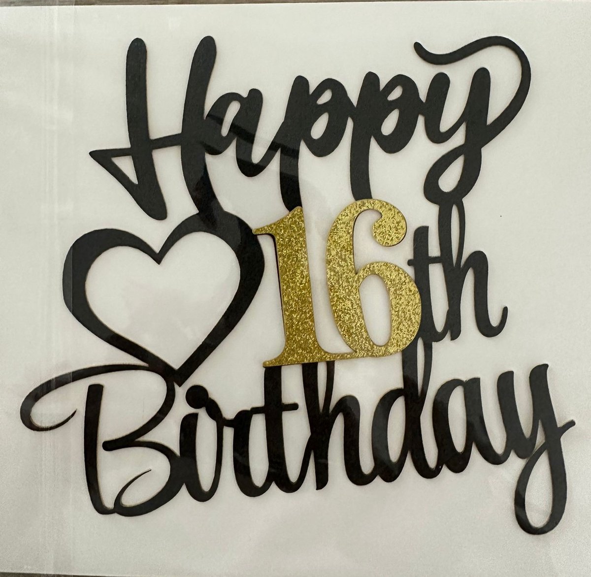 taart topper - verjaardag - 16 jaar - Happy Birthday - decoratie - versiering - Goud - Zwart