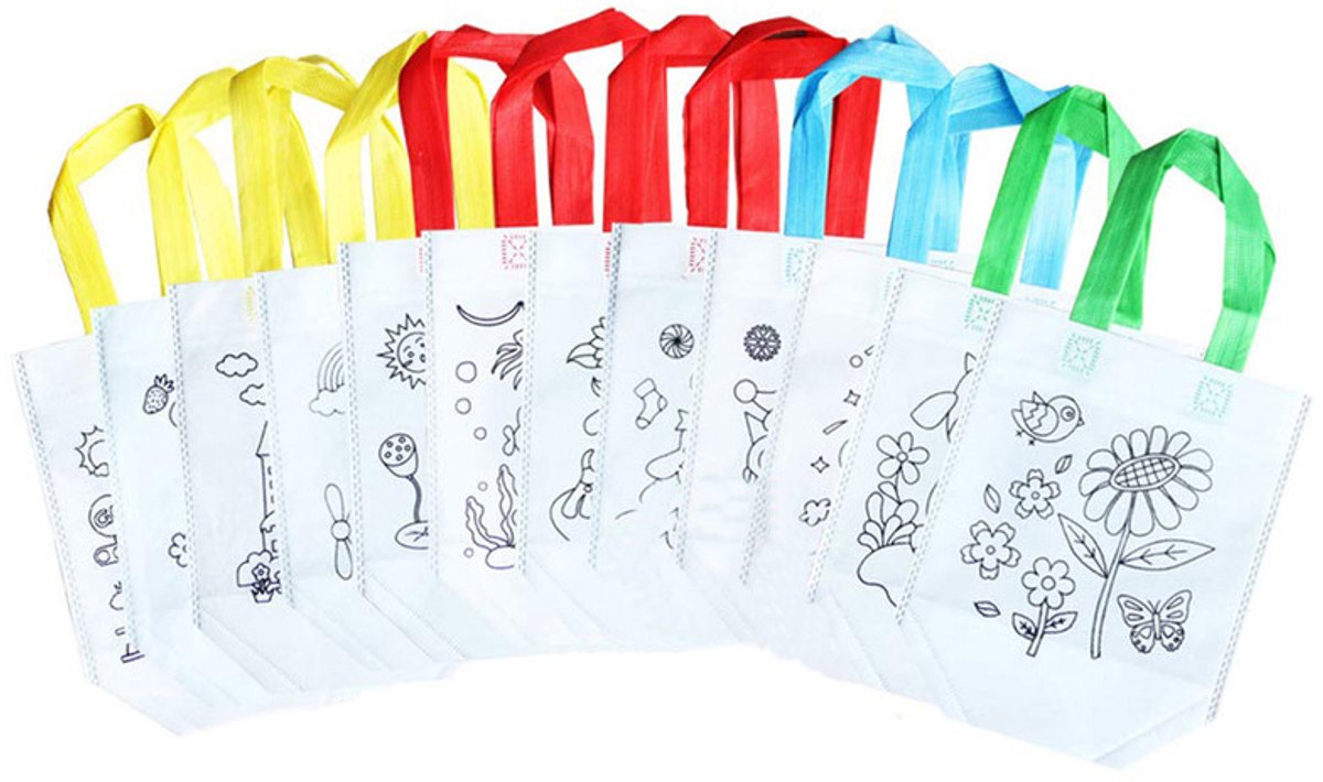 12 DIY Graffiti Tote Bags, milieuvriendelijke non-woven tassen met 12 veilige verfkleuren en 3 kwasten voor kinderen vanaf 3 jaar, herbruikbare bedankzakjes voor verjaardagscadeaus, kunst- en knutselactiviteiten