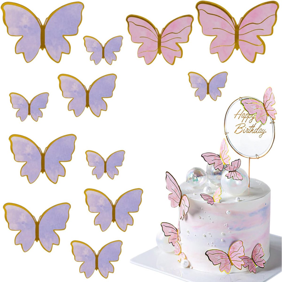 JeiibrZui 3D Vlindertaarttoppers - Glitter Vlinder Cupcakedecoraties - Paarse 3D Vleugels Met Gouden Rand - 60 Stuks - Voor Meisjes Verjaardag En Bruiloft In Paars