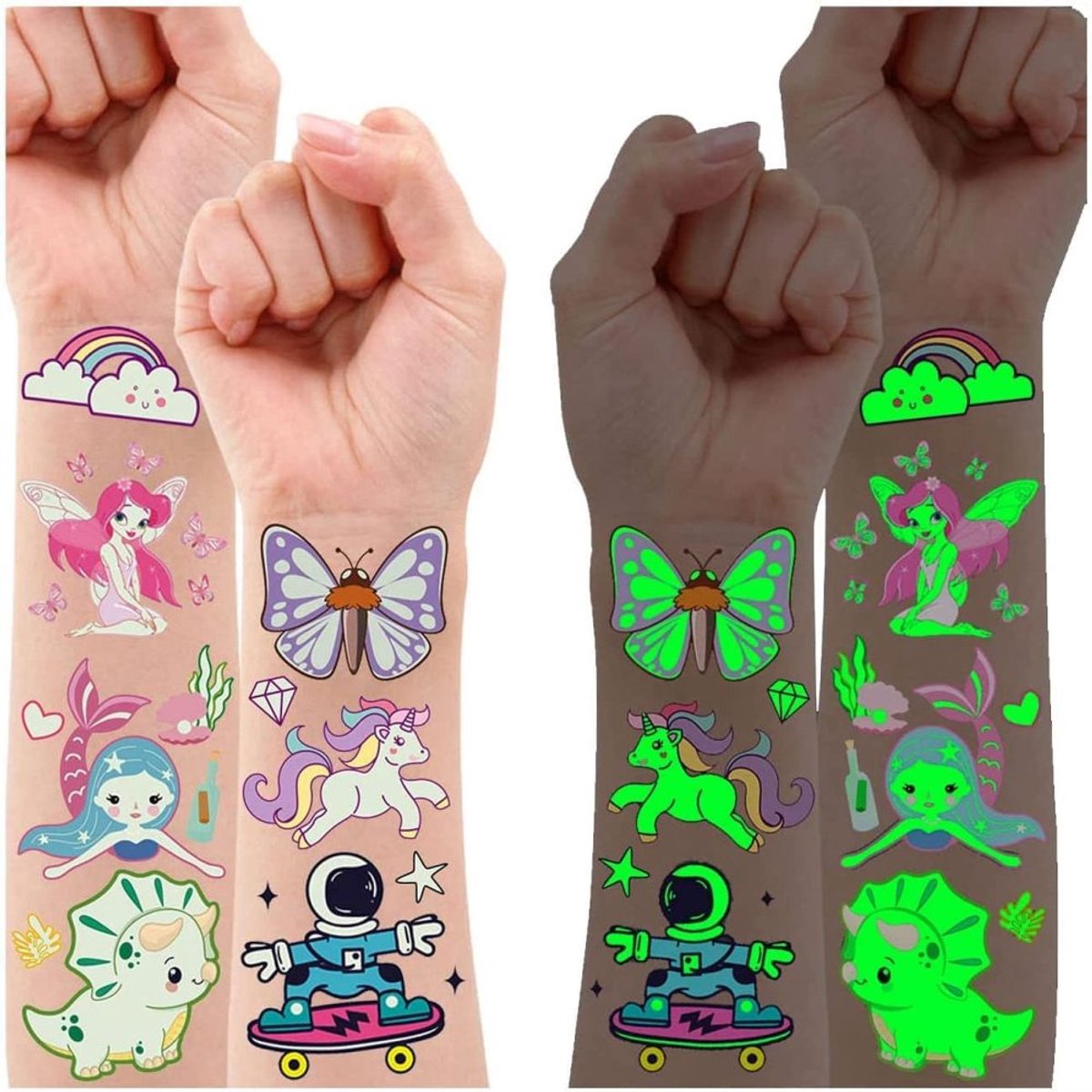 JeiibrZui Glow In The Dark Tijdelijke Tatoeages - Set Stickers Voor Kinderen - Waterdichte Eenhoorn En Zeemeerminontwerpen Veilige Body Art Van Natuurlijk Materiaal - 10 - Voor Kinderfeestjes + Assorti