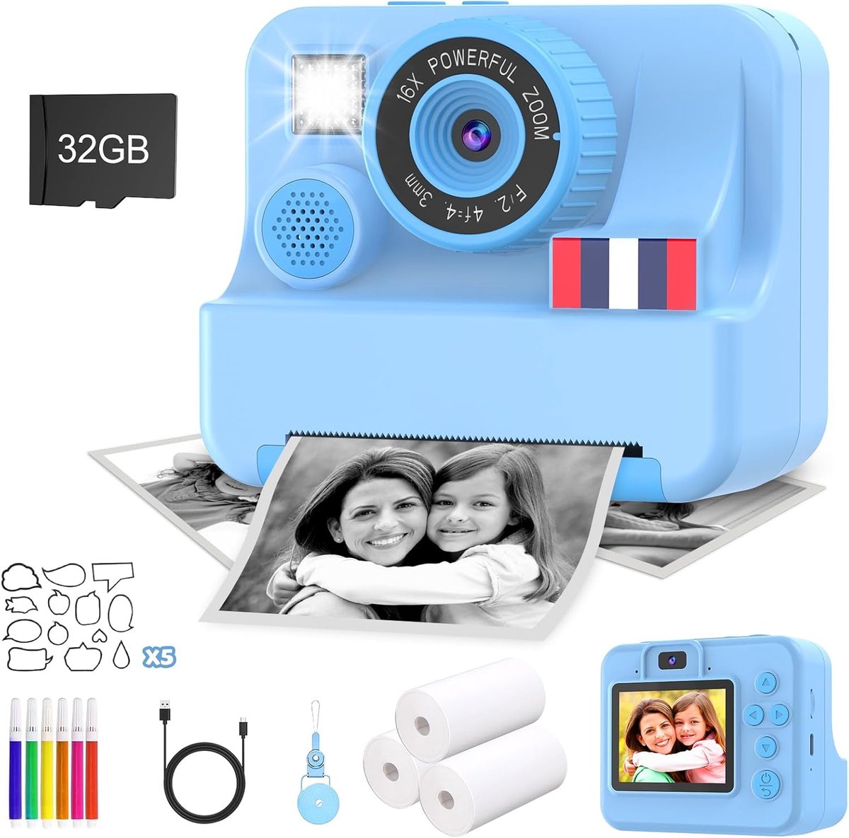 JeiibrZui Instant Camera Voor Kinderen - Camera Voor Kinderen Direct Afdrukken - Zwart-Wit Fotos Afdrukken Met 4 Grijstinten En Kleurenfotos Opslaan Op SD-Kaart - 372 Prints - Voor Creatieve Jongens En Meisjes In Grijs