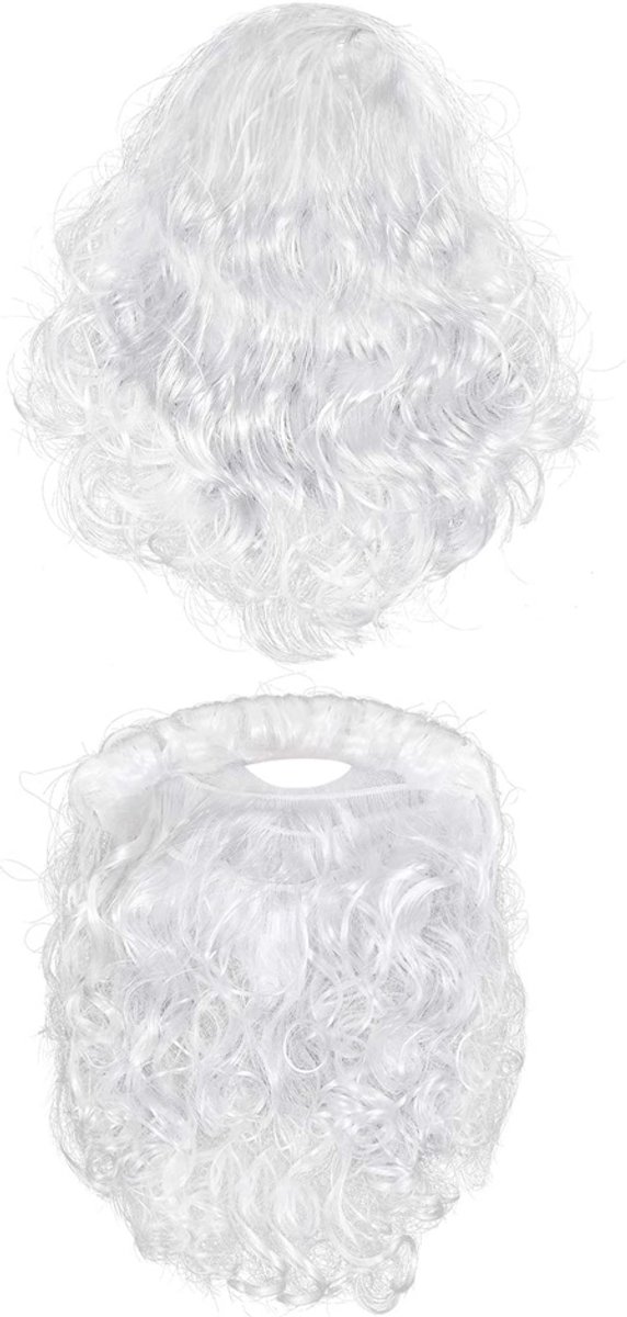 JeiibrZui Kerstbaard - Kerstbaard En Pruik - Set Met Lange Witte Baard En Krullende Pruik Voor Kerstlook - 2 Stuk - Voor Volwassenen Mannen Wit