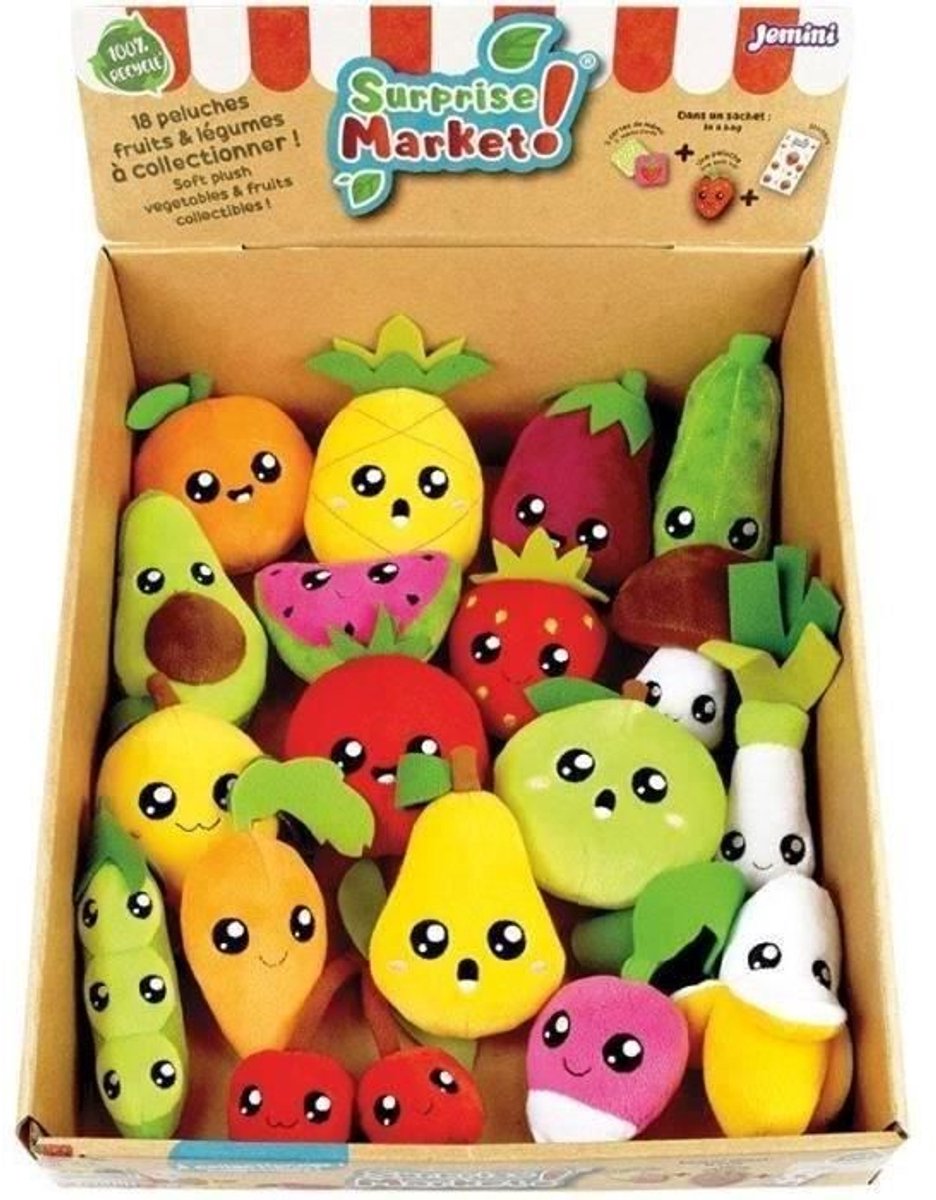 Set van 18 verrassingszakjes - JEMINI - Surprise Market - Fruit- of groenteknuffel +/- 10 cm, stickers en memokaartjes
