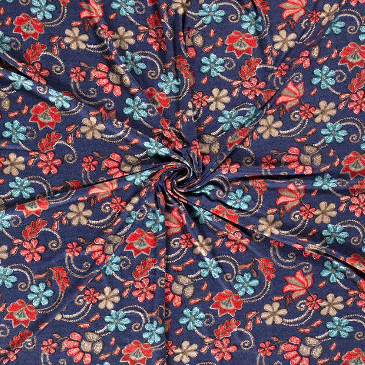 FASHION FABRICS  JERSEY STOF BEDRUKT BLOEM NAVY, VOORJAAR / ZOMER 2021, PER METER.