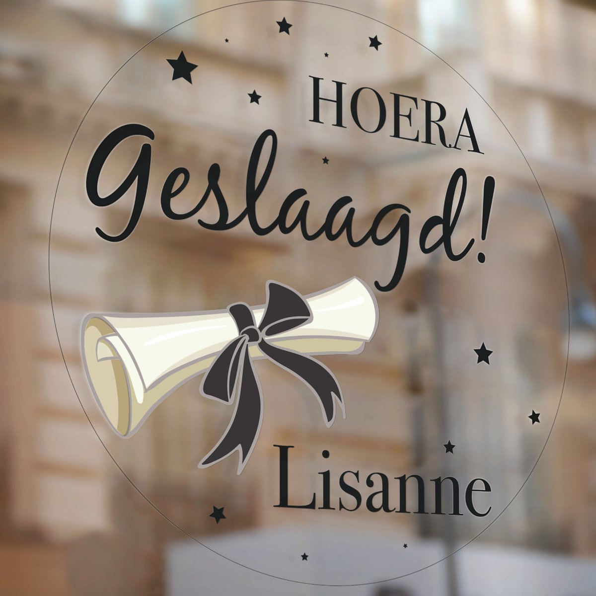 Jetjes & Jobjes - Raamsticker Geslaagd Diploma + naam 40 x 40 cm