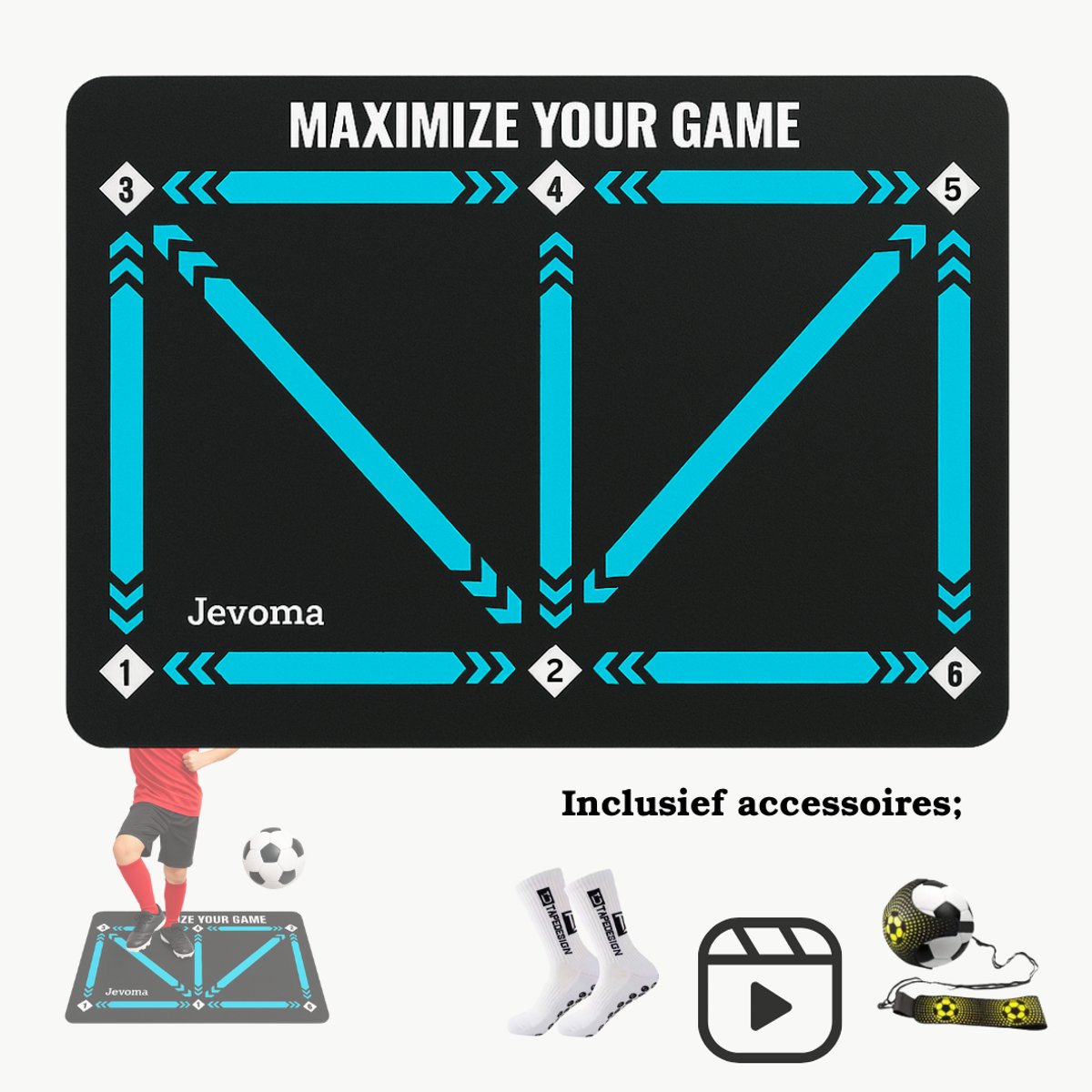 Jevoma Voetbalmat - Incl Voetbaltraptrainer - Incl gripsokken - Incl trainingvideo - Voetbal - Voetbal spullen - Kinderen - Dribbelmat - Voetbaltraining - Voetbaltrainer - Anti slip - 90x60 cm - Voetbal Trainingsmateriaal