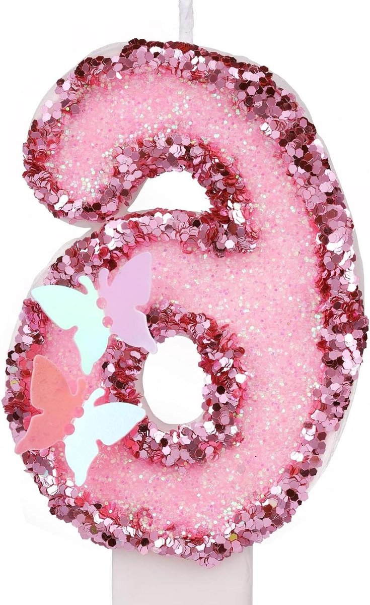 JHubers Goods - - 7,5cm Nummer Kaars voor Verjaardagstaart in Glitter Roze - Vlindertaarttopper met Pailletten - Nummer 6 Verjaardagsviering Benodigdheden