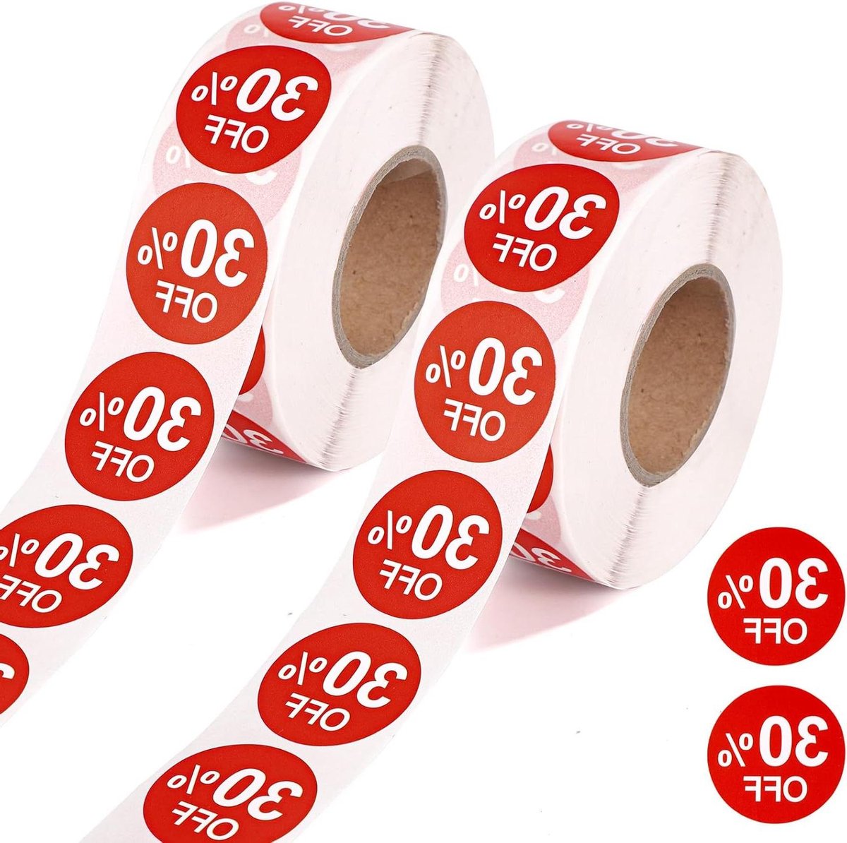 JHubers Goods - 2000 Stuks 30% Korting Stickers voor Winkel Promotie - Zelfklevende Prijsstickers met 2,5cm Diameter - Rode Verkooplabels voor Supermarkt en Winkels - Bespaar Geld met Kortingsstickers!