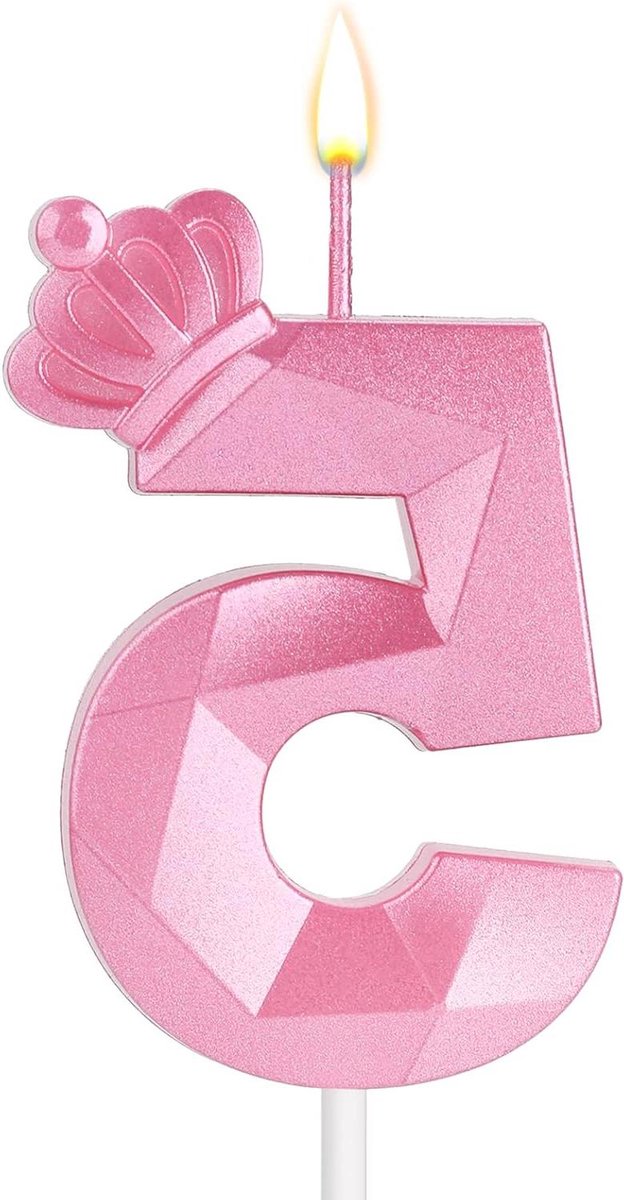 JHubers Goods - 3D Cijferkaars Roze Kroonverjaardagskaarsen Meisjes - Verjaardagsfeest Decoratie - Taartkaars 7,5 cm - Bruiloft Jubileum - Set van 5