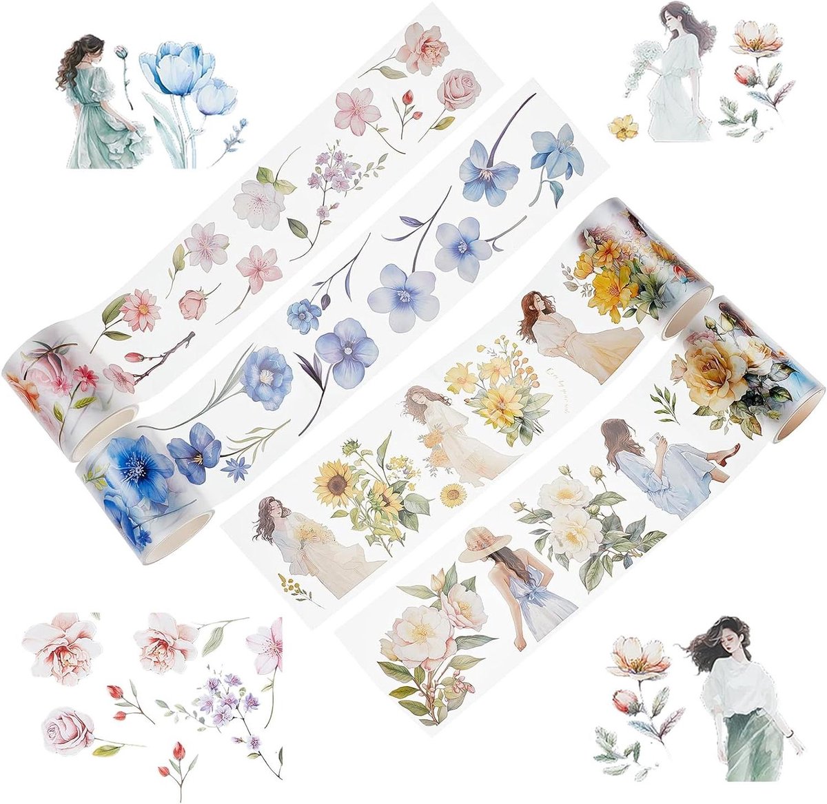 JHubers Goods - 4 rollen Washi Tape bloemenvorm stickers scrapbooking decoratief lint bloemen