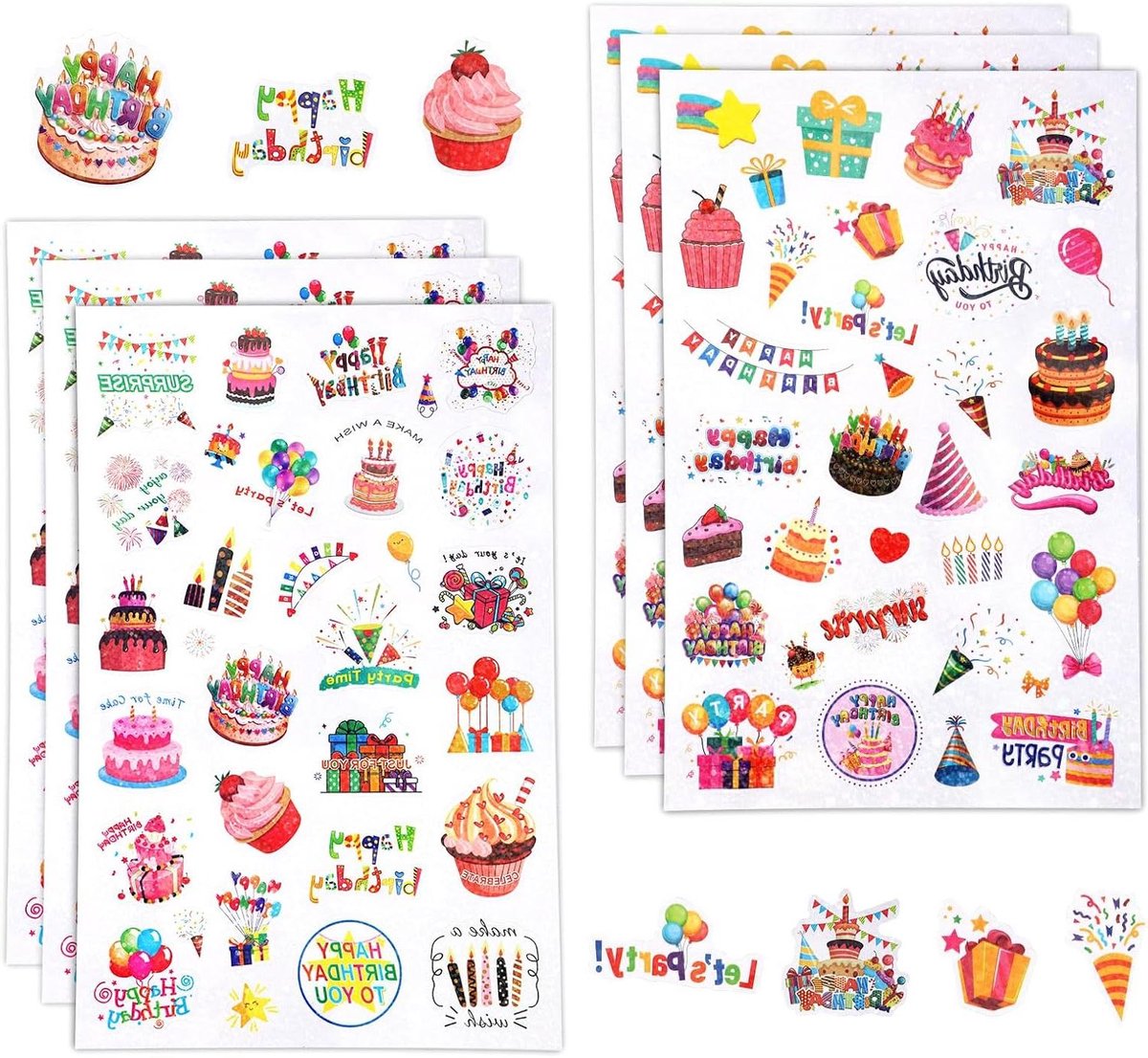 JHubers Goods - 6 Vel Gelukkige Verjaardagsstickers in Verschillende Stijlen voor Kinderen - Zelfklevende Schattige Decoraties voor Happy Birthday Party.