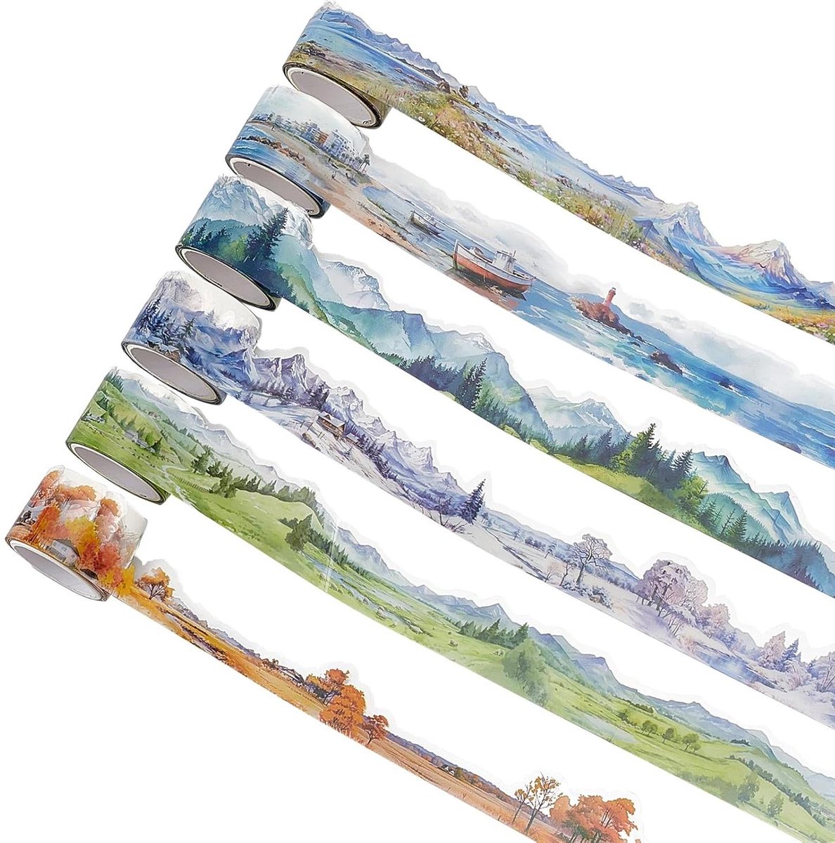 JHubers Goods - 6 rollen landschap PET-tapes, esthetische bergstickers voor dagboek - Decoratieve lijm sneeuwlandschap washi tape, natuur ephemera voor knutselen - DIY projecten -