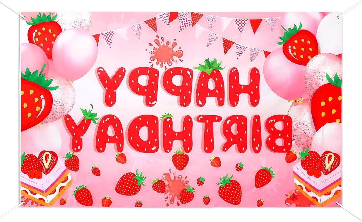 JHubers Goods - Aardbeienverjaardagsbanner 180x110cm - Aardbeienthema Verjaardagsfeestdecoratie met lint - Happy Birthday-Banner - Tuin Binnen en Buitenfeest
