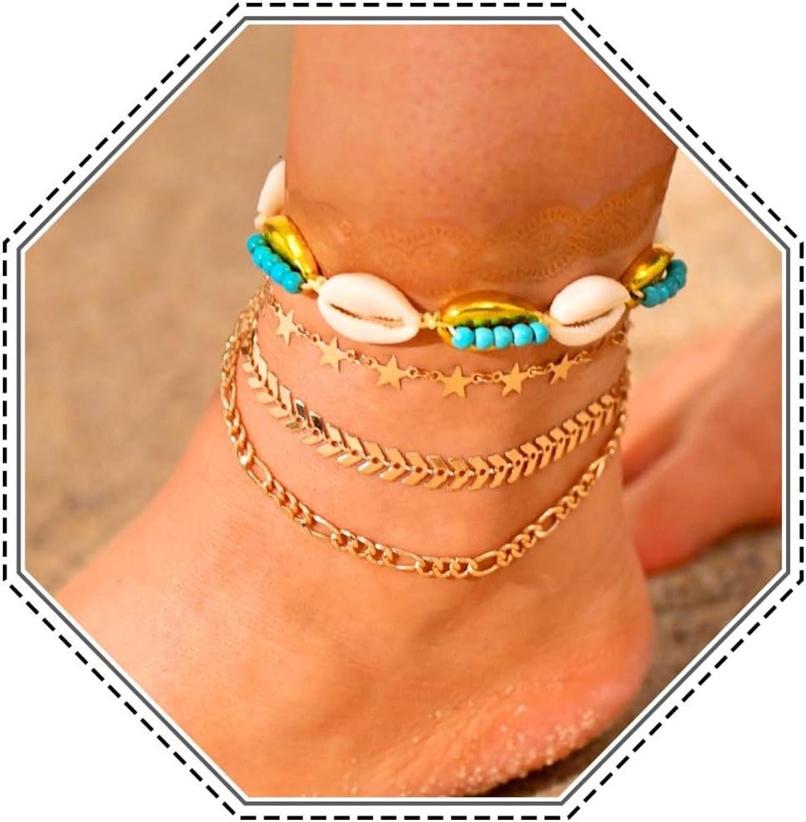 JHubers Goods - Enkelbanden met shell hanger en blauwe kralen - Verstelbare enkelarmband voor vrouwen en meisjes