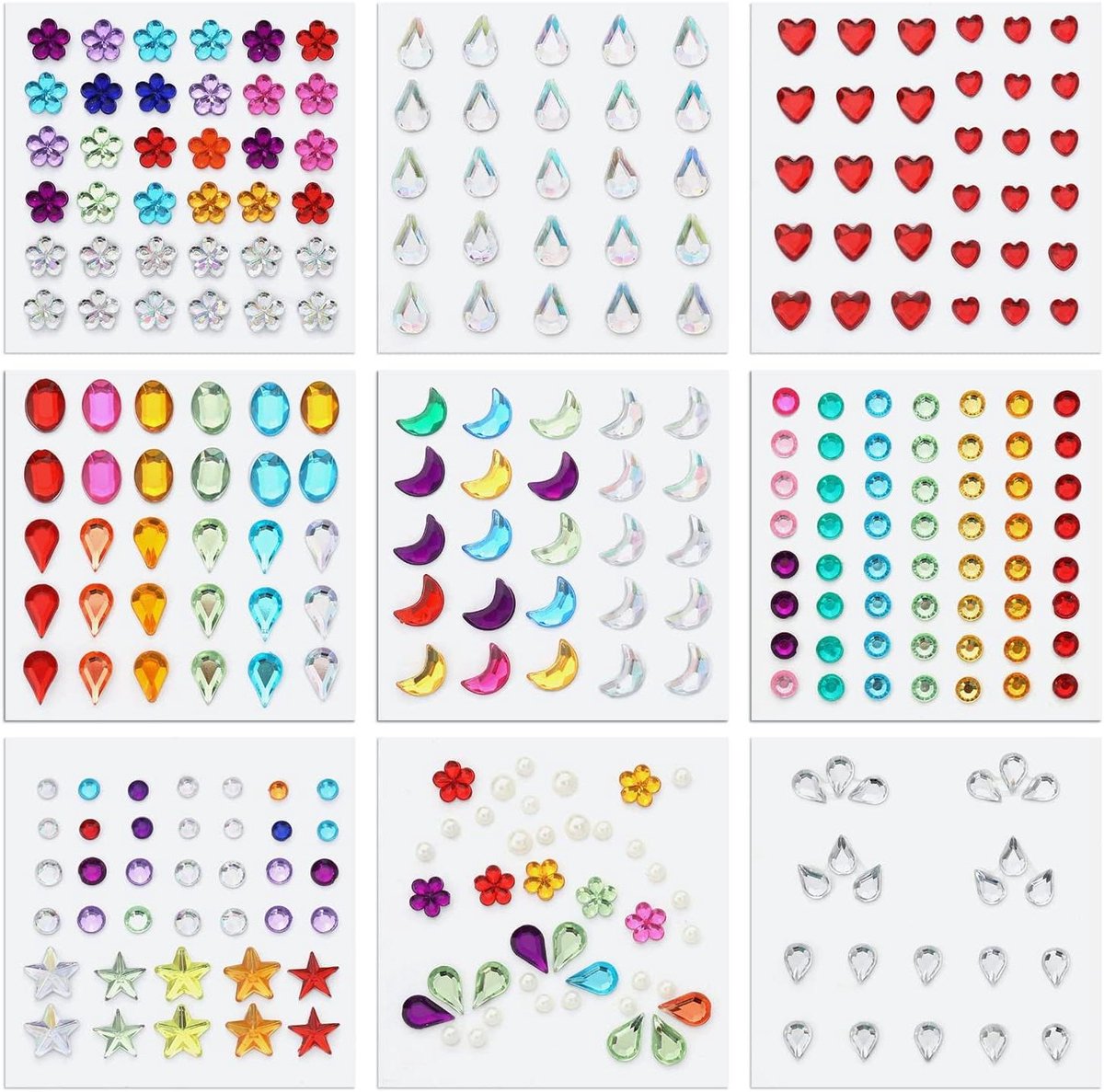 JHubers Goods - Face Gems Stickers voor Festival Make-up en Nail Decoration - 9 Vellen met Rhinestones in Verschillende Kleuren