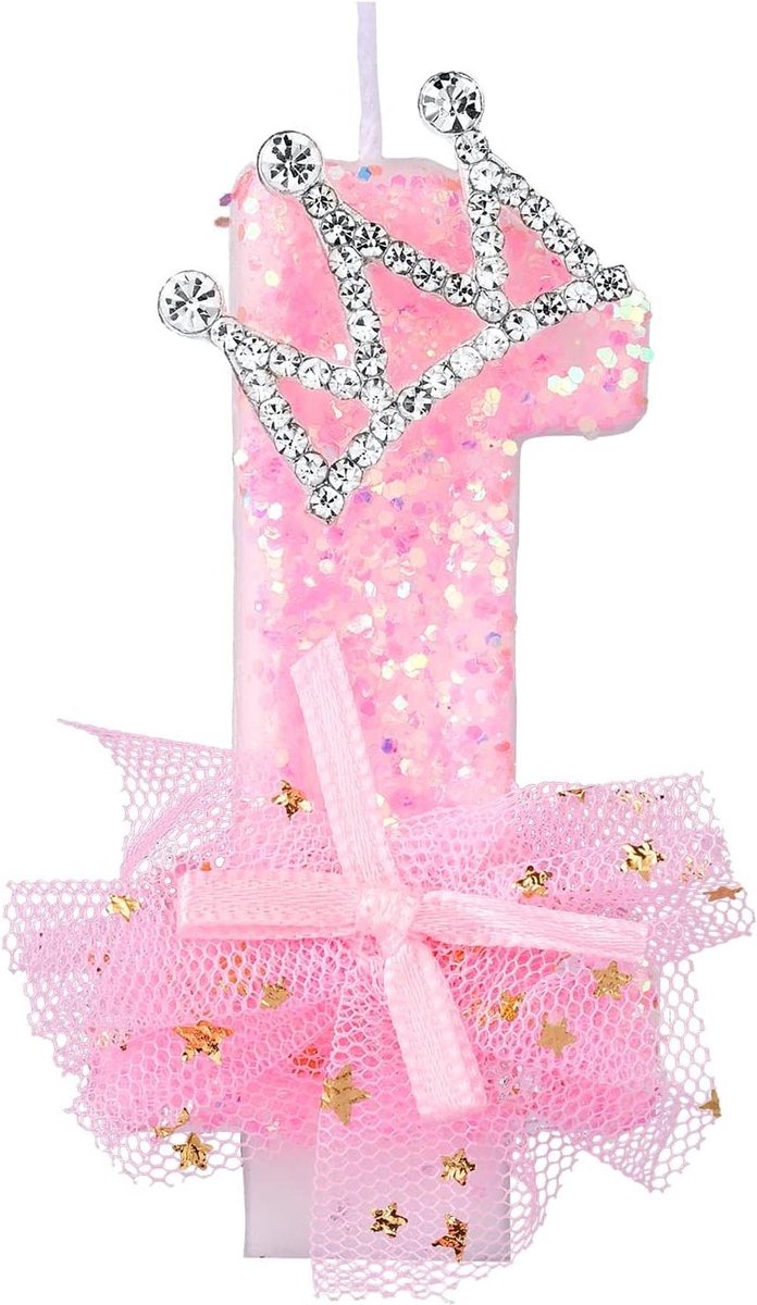 JHubers Goods - Glitter Roze Cijferkaarsen, 7,5 cm, Cake Topper voor Verjaardag met Kroon Boog Mesh - Jubileumfeest Benodigdheden