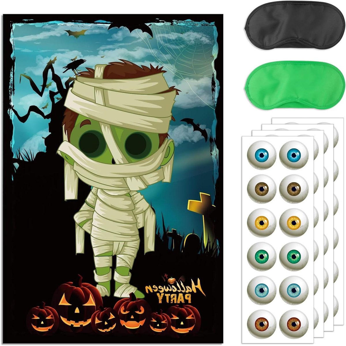 JHubers Goods - Halloween Spelstickers voor Kinderen Mummie Poster met Ogenstickers - 48 stuks