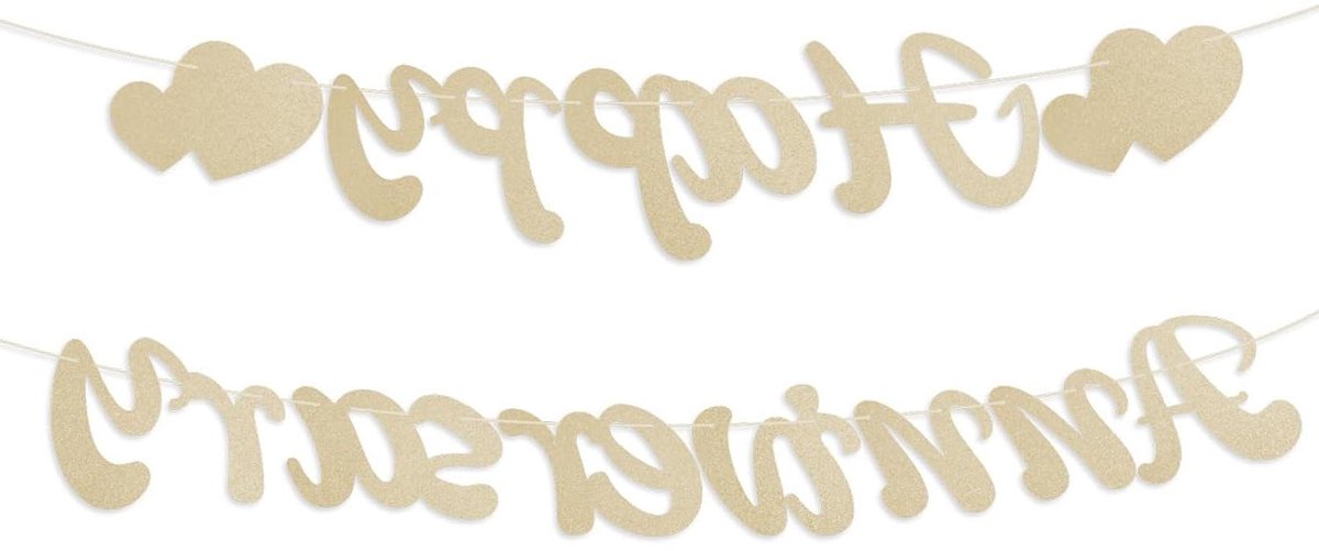 JHubers Goods - Happy Anniversary Banner - Feestdecoratie Bruiloft Verjaardag - Champagne Goud