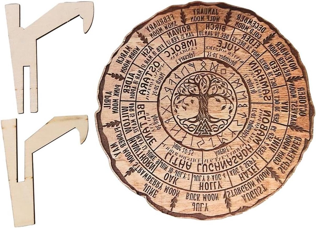 JHubers Goods - Houten wiel van het jaar voor heidense heksen - Vintage handgemaakt kalenderbord met levensboom - Geschenken voor heidense heksenviering