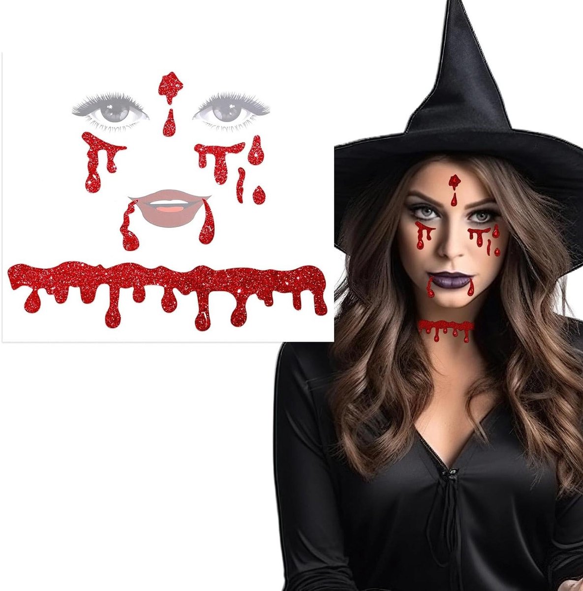 JHubers Goods - Juwelen Stickers voor Vampiergezicht, Halloween Kostuumaccessoires met Rode Strass voor Feesten en Cosplay, Vampiermake-up - Zelfklevend, All-in-One - Vrouwen en Meisjes -