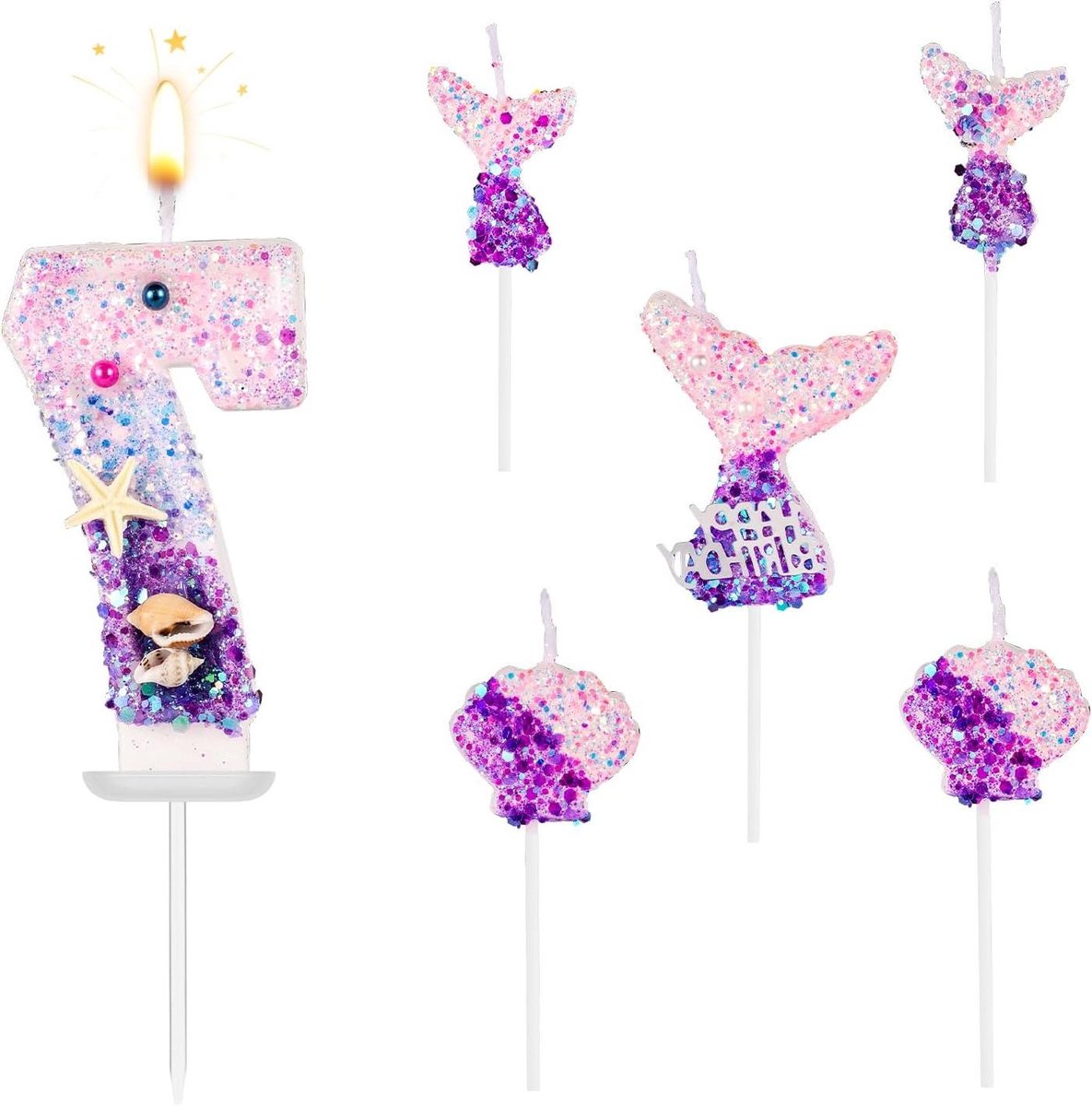 JHubers Goods - Nummerkaarsen Zeemeermin Thema, 6 stuks - Tafeldecoratie Verjaardagstaart - Schelp Pailletten Cijfer Kaarsen - Jubileum en Bruiloft Set