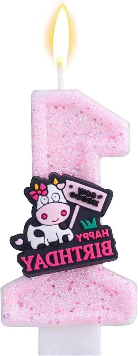 JHubers Goods - Roze Glitter Koe Verjaardagskaars voor 1e Verjaardag - Boerderijdieren Thema Taartdecoratie met Nummer 1