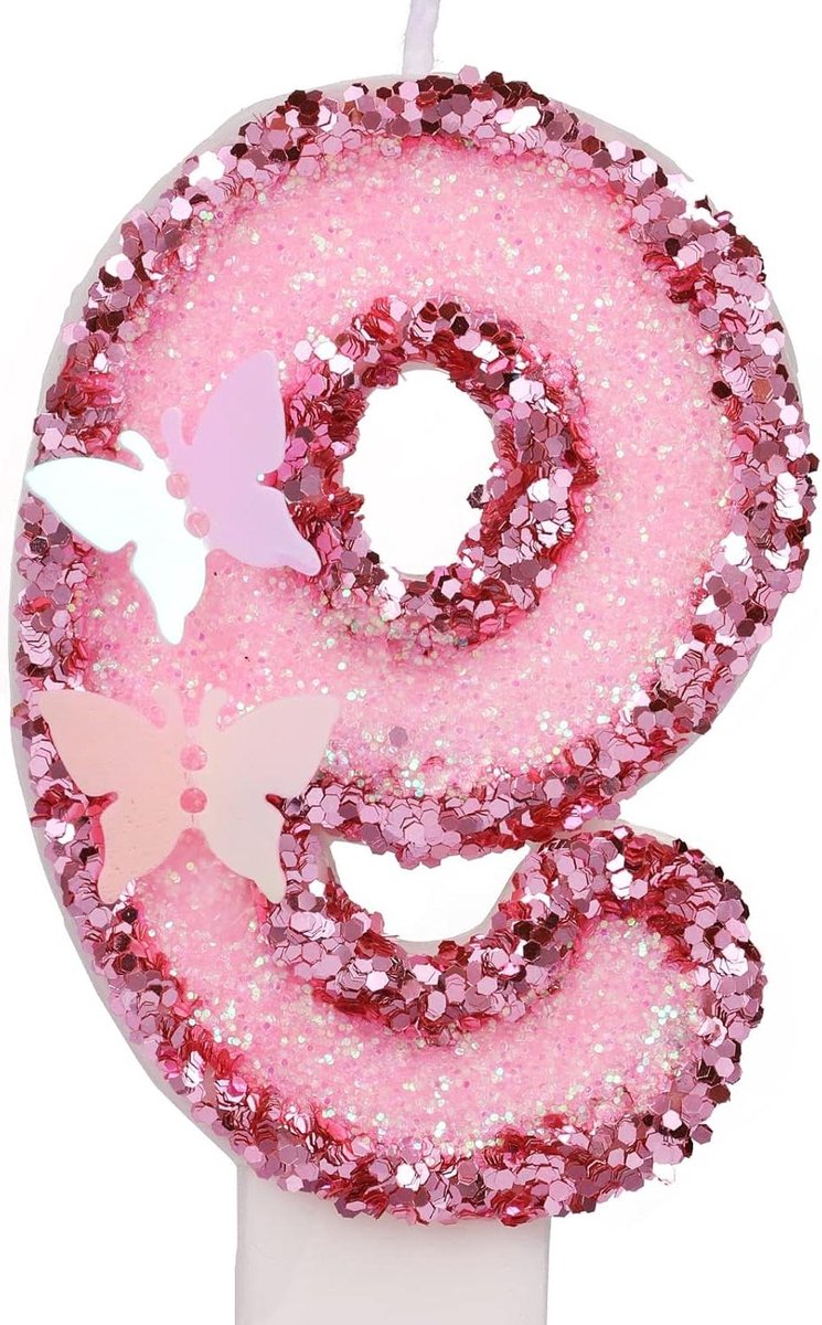 JHubers Goods - Verjaardag Nummer Kaars, Glitter Roze Nummerkaars TaarttopperVlinder Verjaardagskaarsen met Pailletten - Feestelijke Verjaardagsviering