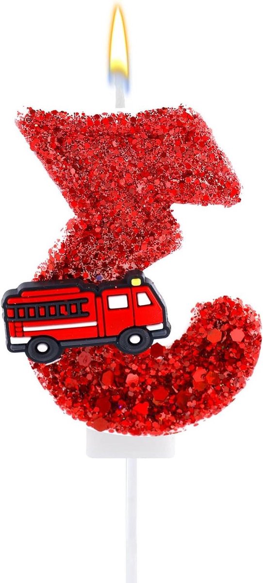 JHubers Goods - Verjaardagskaars Cijfer met Rode Pailletten voor Brandweer Thema Feest - Happy Birthday-Kaars Taarttopper - Jongens Meisjes Mijlpaalverjaardagen Jubilea (3)