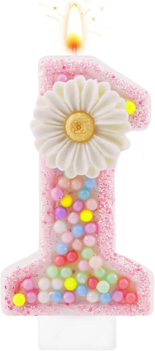 JHubers Goods - Verjaardagskaars met Cijfer 1, Madeliefje, Macaron - Roze Glanzend - Taartdecoratie Meisjes Vrouwen Eerste Verjaardagen Jubileum