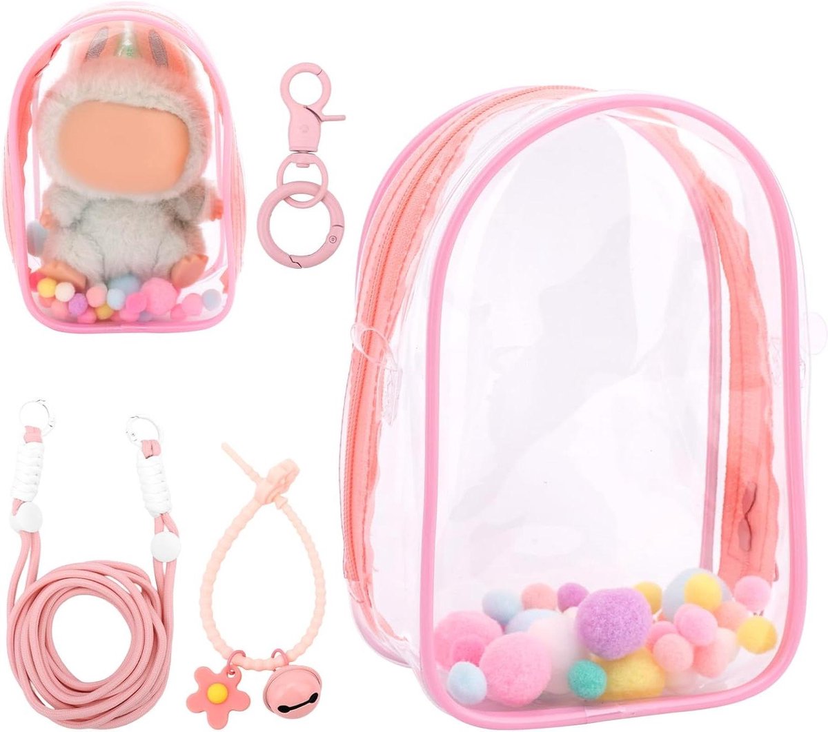 JHubers Goods - Vitrine voor Doorzichtige Figuren met Beschermhoes en Draagtas - Opbergtas voor Pluchen Pop, Sleutelhanger Accessoires - PVC Poppenhoes - 15cm Poppen - Roze