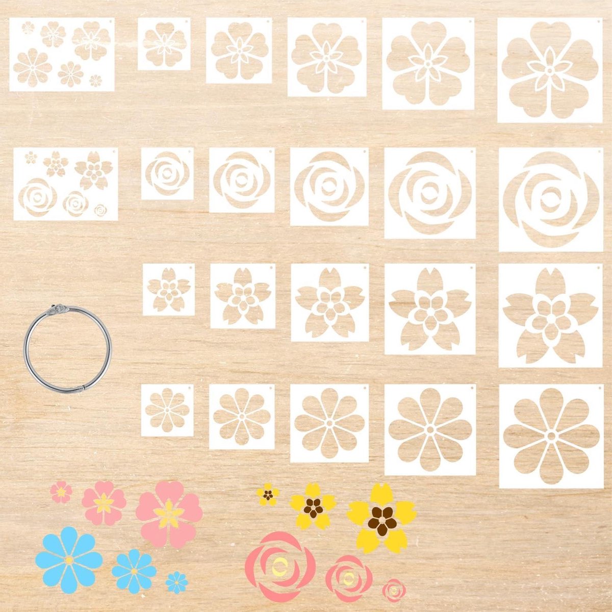 Jhubers Goods - Schildersjablonen - Grote bloemblaadjes - Herbruikbaar - Plastic - Patronen - Knutselen - Houtbranden - Wandkunst - Canvas - Woondecoratie - Geschikt voor Diverse Ondergronden - 22 Stuks met Splitring