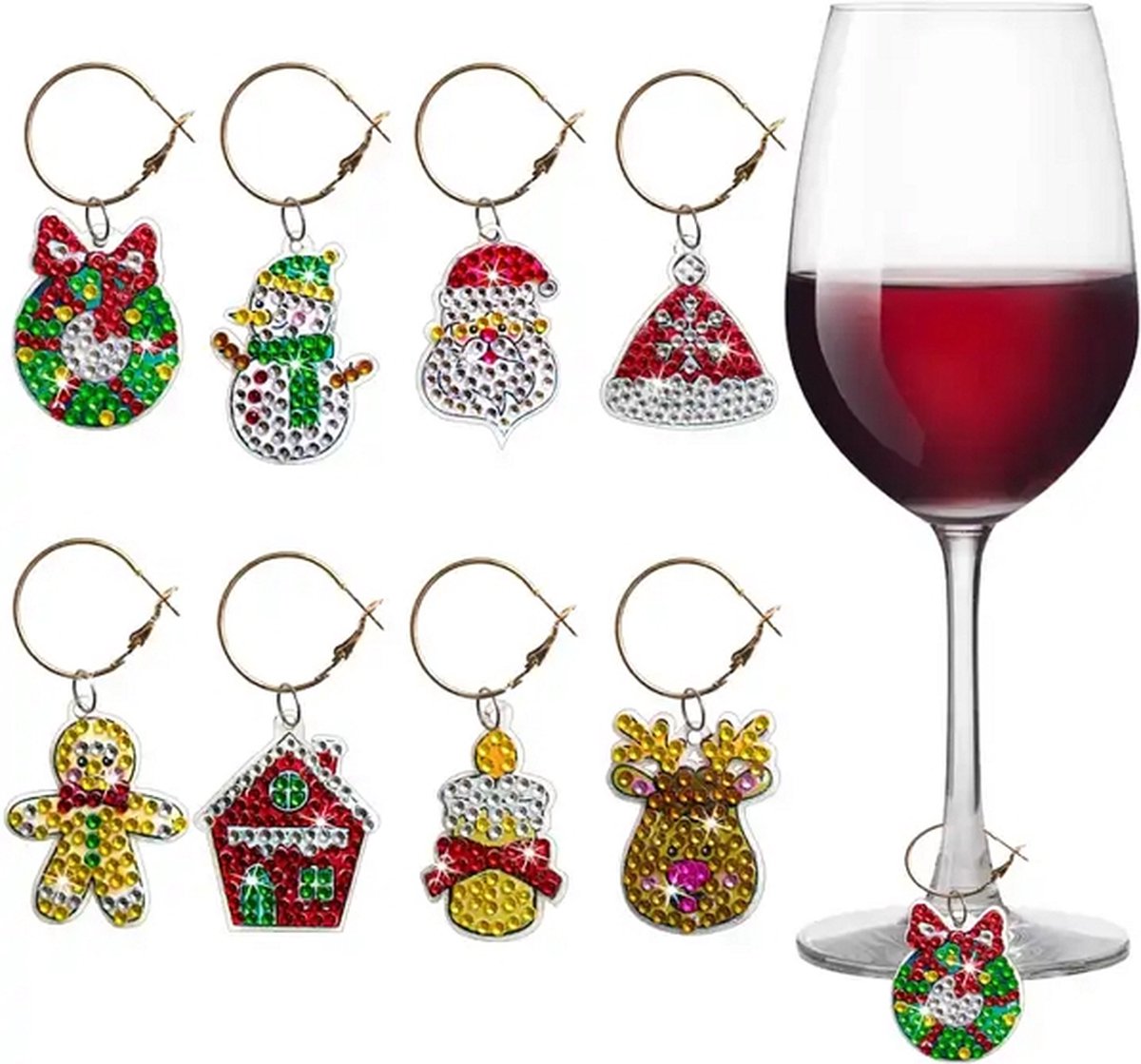 Diamond Painting Kersthangers voor wijnglazen (8 stuks)