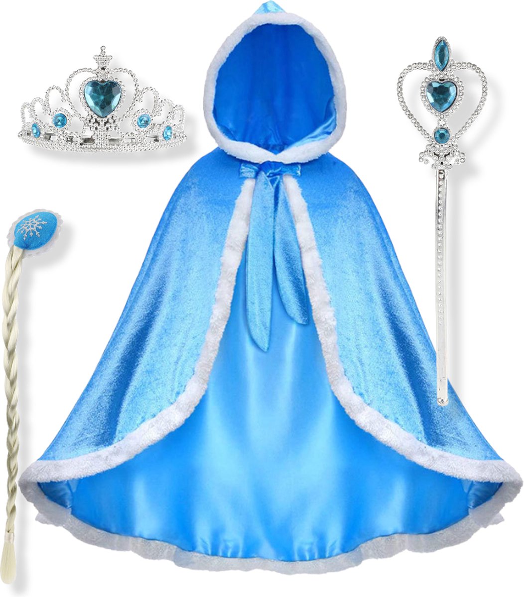 Jobber - Cape - Mantel - Prinses - Frozen - Tiara - Toverstaf - Vlecht - Carnavalskleding kinderen - Blauw