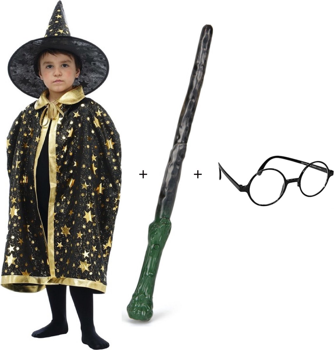 Jobber - SET - Tovenaar - Heks - Cape - Hoed - Toverstaf - Bril - Verkleedkleding