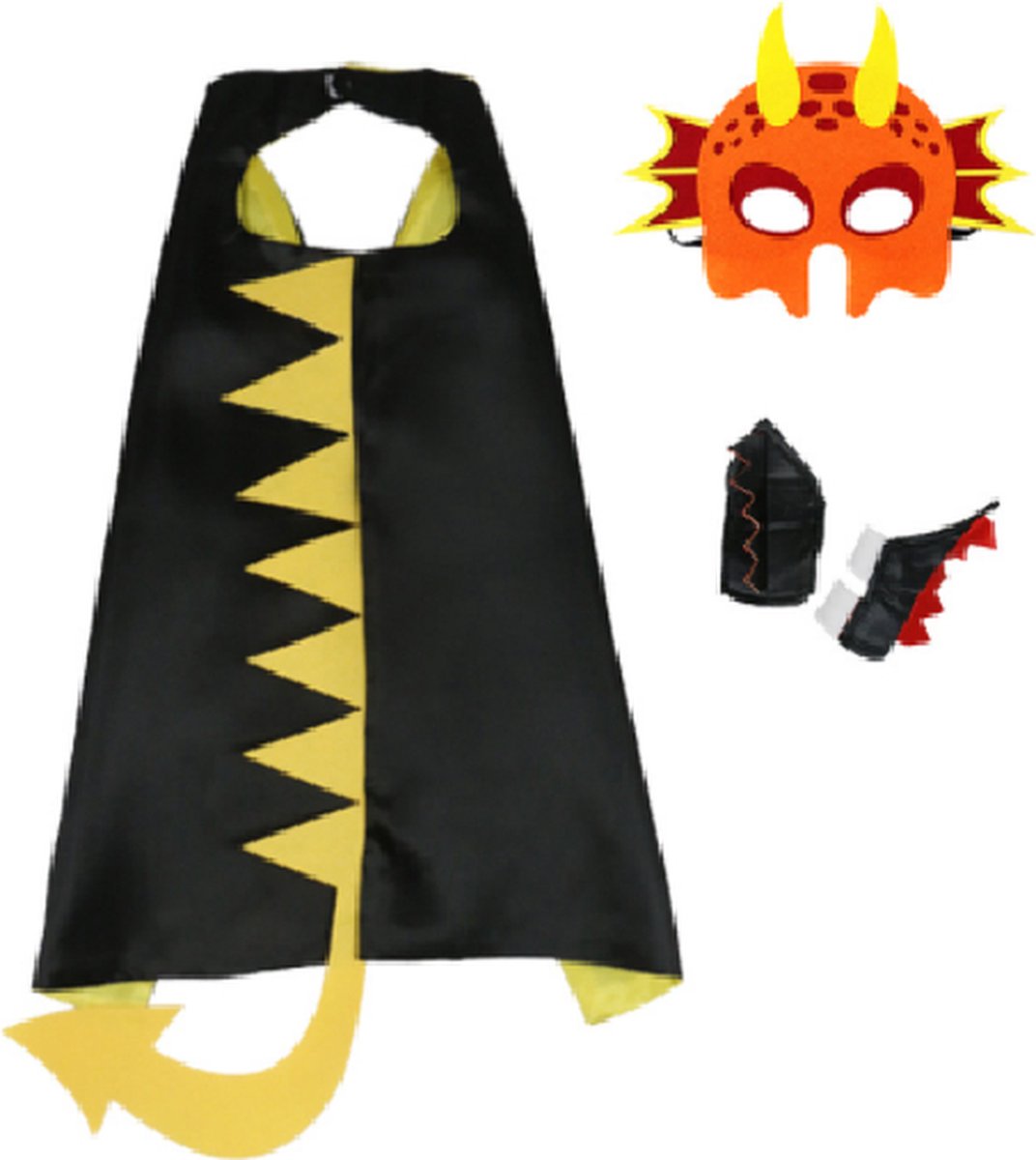Jobber Toys - Dino cape + masker + polsbandjes - Dino verkleedoutfit - Kleur zwart met geel - Kinderen verkleedkleding- Dino thema – Jongens - Meisjes
